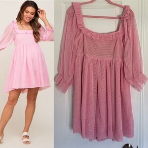 Entro Large Barbie Pink Polka Dot Mesh Tulle Ruffle Long Sleeve Maternity Dress